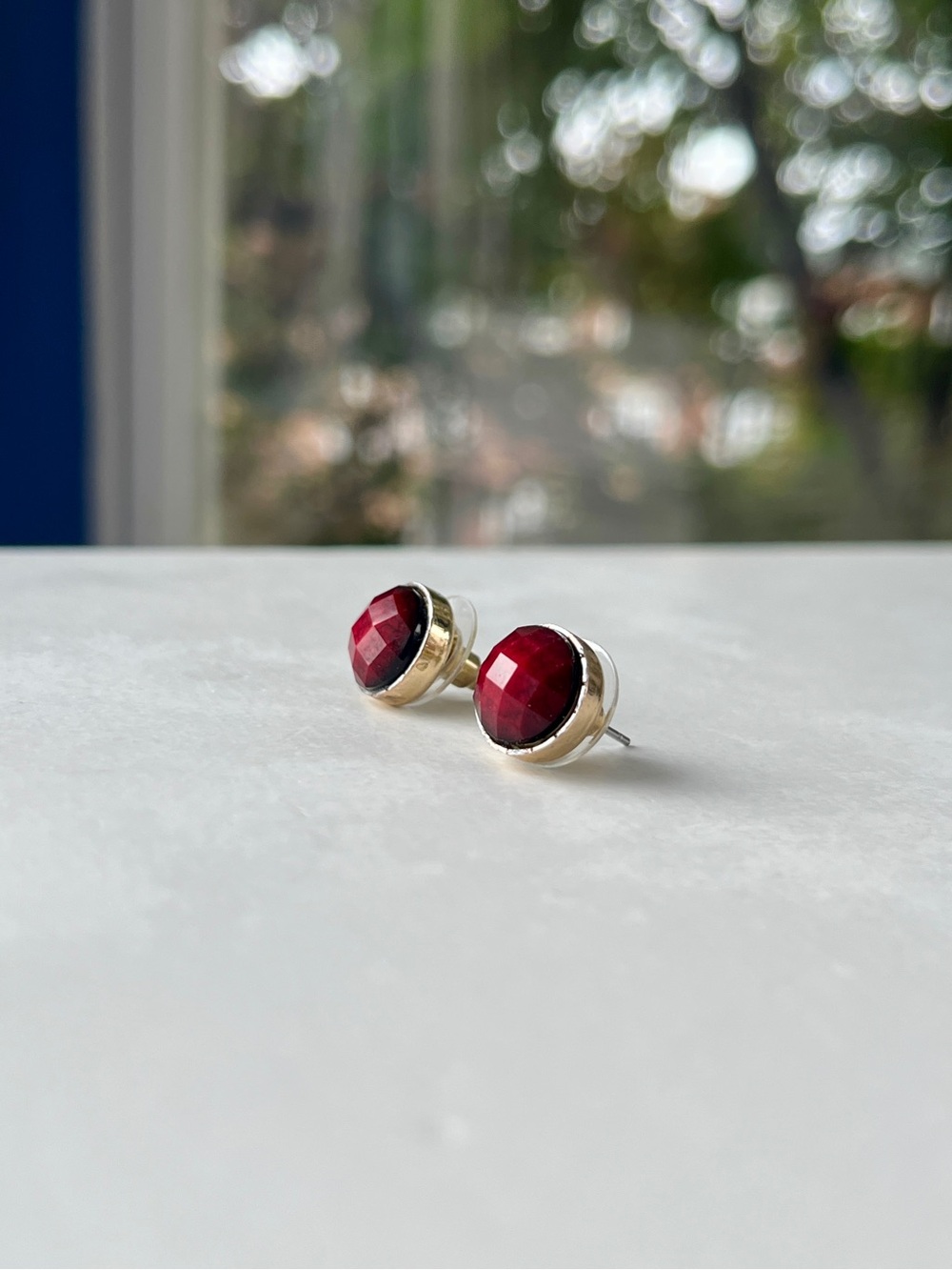 Gold-Tone Bevel-Set Garnet-Colored Stud Earrings, 10mm
